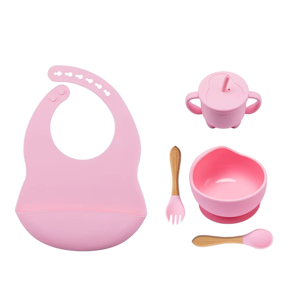 5Pcs Baby Feeding Bowl Sets Kids Silicone Non-Slip Tableware Dinner Plate with Bibs Cup Spoon Fork Dinnerware for Children
