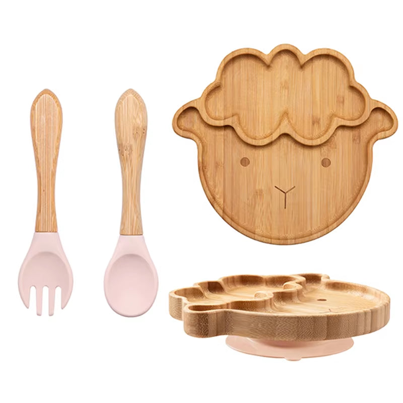 3Pcs Baby Bamboo Plate Silicone Suction Kids Wooden Feeding Tableware Non-Slip Dinnerware Baby Tableware for Baby Birthday Gift