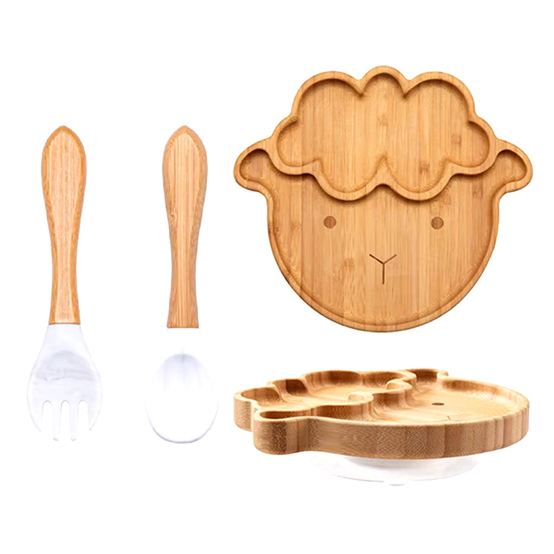 3Pcs Baby Bamboo Plate Silicone Suction Kids Wooden Feeding Tableware Non-Slip Dinnerware Baby Tableware for Baby Birthday Gift