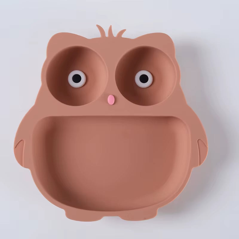 Silicone Children'S Tableware Suction Cup Cartoon Owl Plate Silicone Baby Bowls and Plates Children'S Training Eating Auxiliary