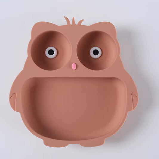 Silicone Children'S Tableware Suction Cup Cartoon Owl Plate Silicone Baby Bowls and Plates Children'S Training Eating Auxiliary