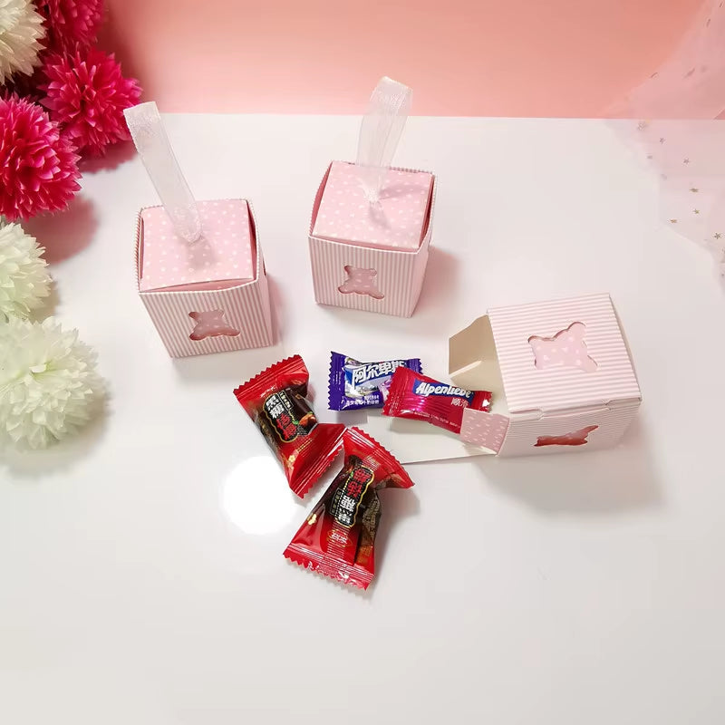 10Pcs Cute Hollow Out Bear Candy Box with Ribbons for Kids Birthday Party Favors Box Gender Reveal Baby Shower Party Decoration