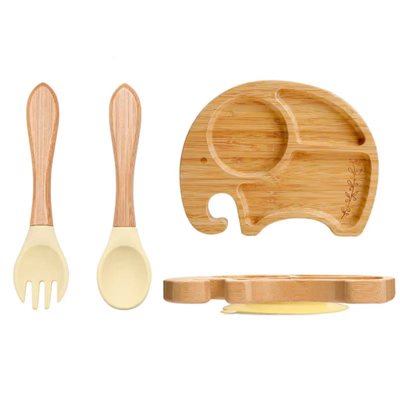 3Pcs Baby Bamboo Plate Silicone Suction Kids Wooden Feeding Tableware Non-Slip Dinnerware Baby Tableware for Baby Birthday Gift
