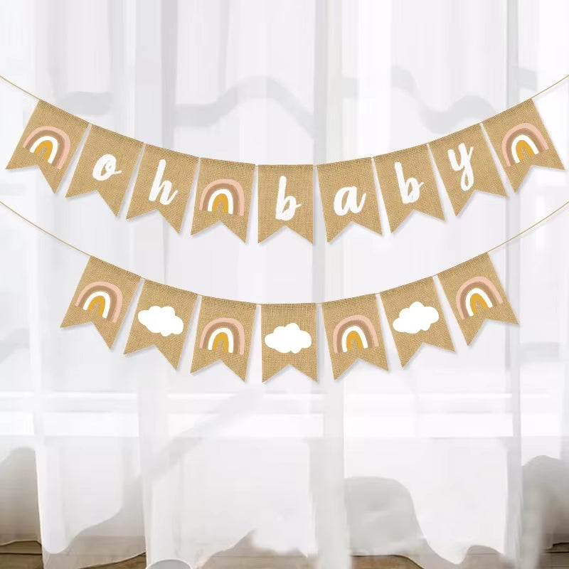 1Pcs Bobo Rainbow Oh Baby Burlap Banner Garland Room Hanging Bunting for Baby Shower Gender Reveal Birthday Party Decoration