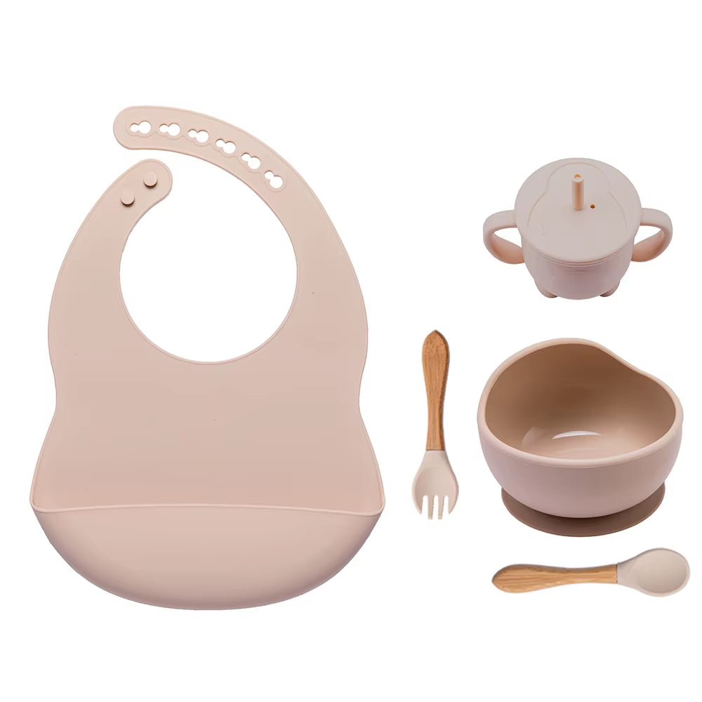 5Pcs Baby Feeding Bowl Sets Kids Silicone Non-Slip Tableware Dinner Plate with Bibs Cup Spoon Fork Dinnerware for Children