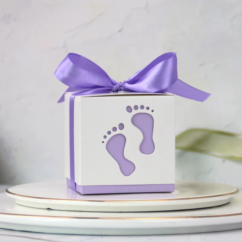 10Pcs Cute Baby Foot Footprints Candy Box with Ribbon Gift Packaging Boxes for Gender Reveal Baby Shower Birthday Party Decor