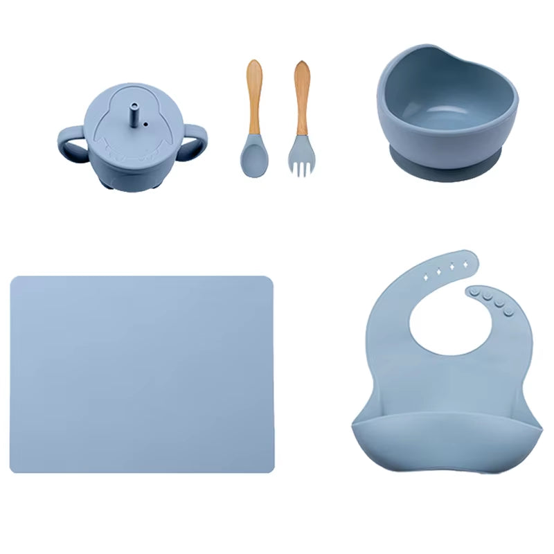 5Pcs Baby Feeding Bowl Sets Kids Silicone Non-Slip Tableware Dinner Plate with Bibs Cup Spoon Fork Dinnerware for Children