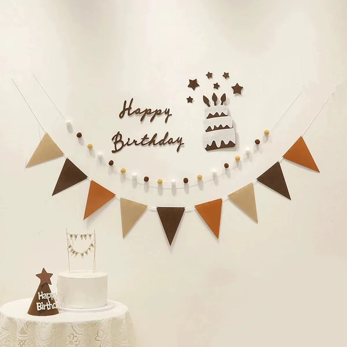 Children'S Retro Brown Felt Cloth Birthday Flag Pulling Baby'S One Year Old Hundred Days Background Decoration Photography Props