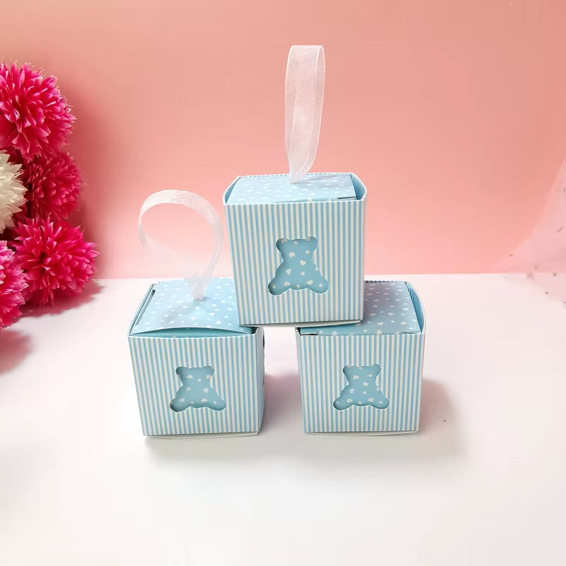 10Pcs Cute Hollow Out Bear Candy Box with Ribbons for Kids Birthday Party Favors Box Gender Reveal Baby Shower Party Decoration