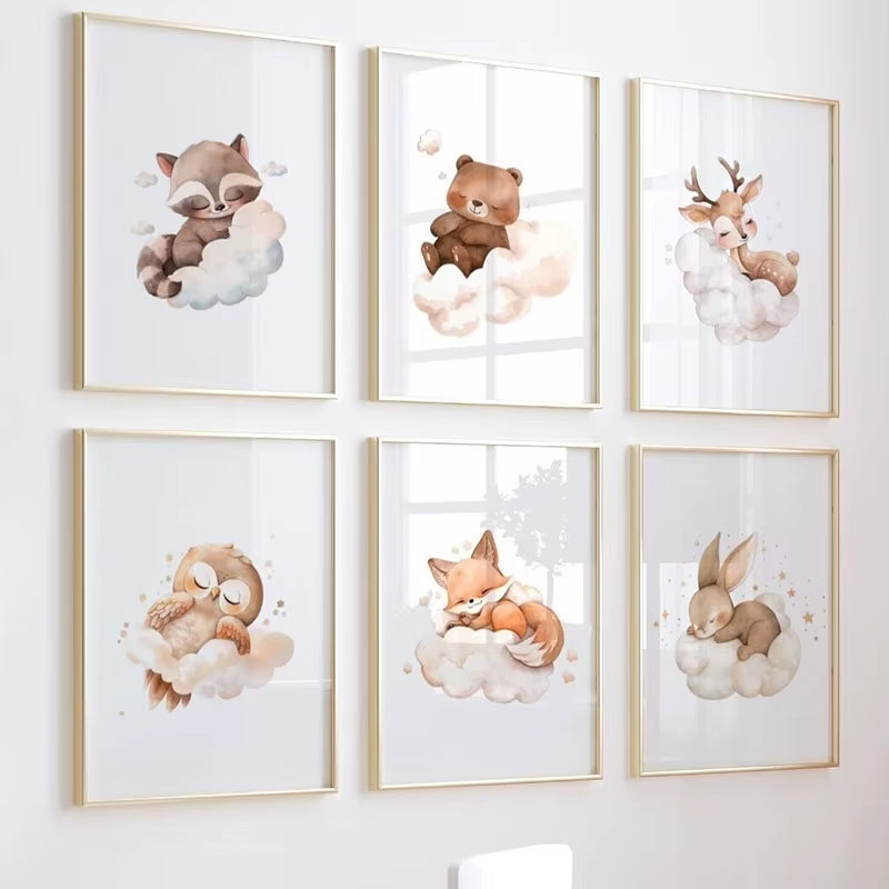 Sweet Dream Raccoon Fox Owl Bear Animal Wall Art Canvas Painting Nordic Posters and Prints Nursery Pictures Baby Kids Room Decor