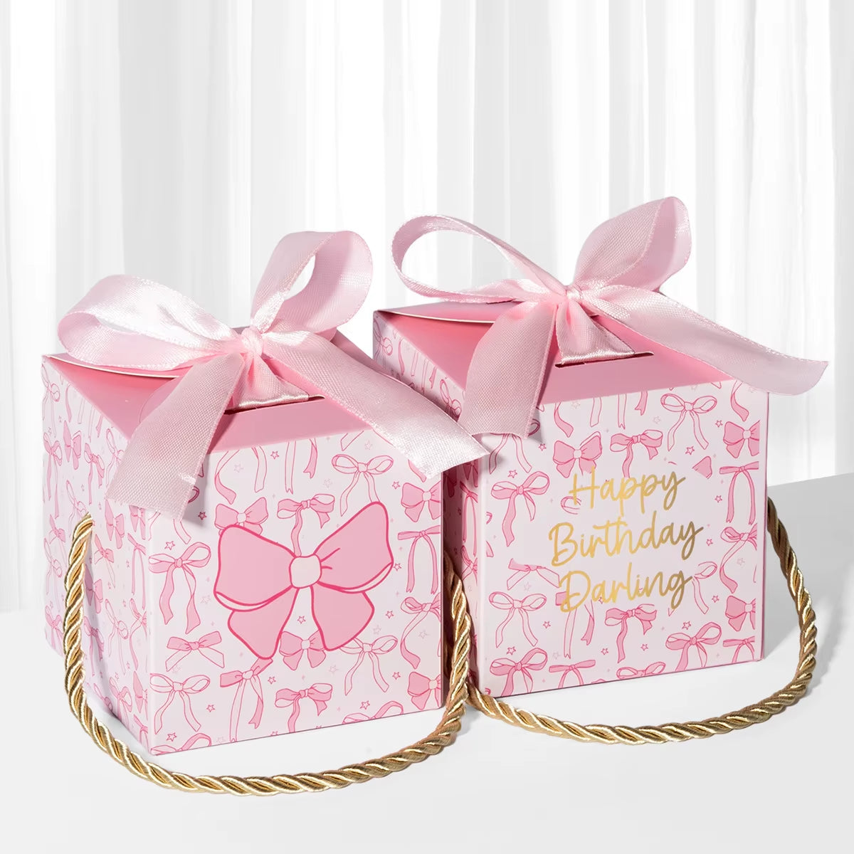 10Pcs Sweet Pink Bow Theme Portable Candy Cookie Boxes Gift Packing Boxes for Kids Birthday Baby Shower Wedding Party Decoration