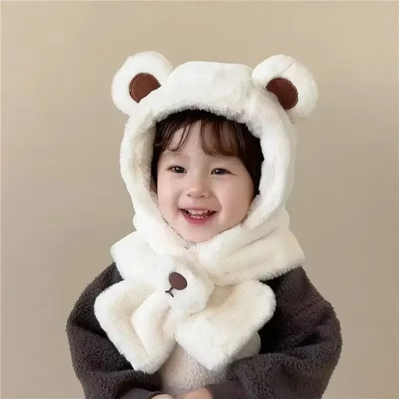 Winter Warm Furry Baby Hat with Scarf Set Cute Cartoon Bear Toddler Ear Protection Hat with Scarf Thicken Plush Warm Infant Hats