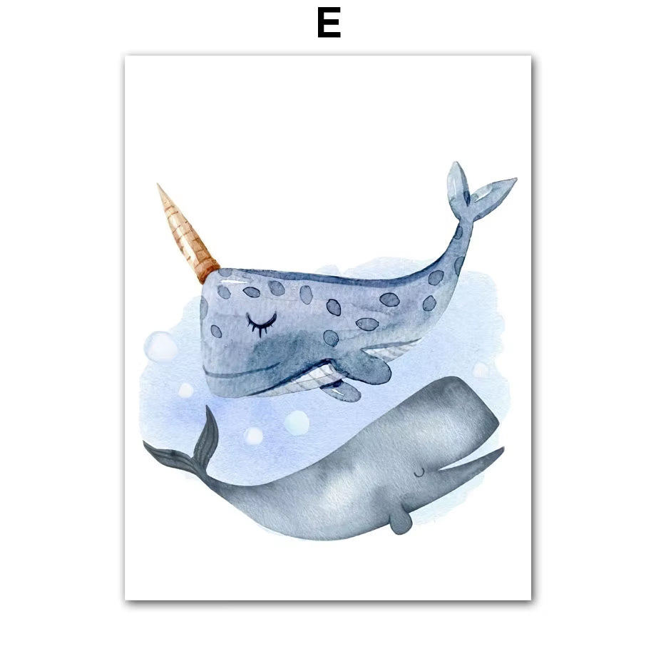 Cartoon Marine Animals Dolphins Sharks Whales Wall Art Canvas Painting Nordic Posters and Prints Pictures Baby Kids Room Decor