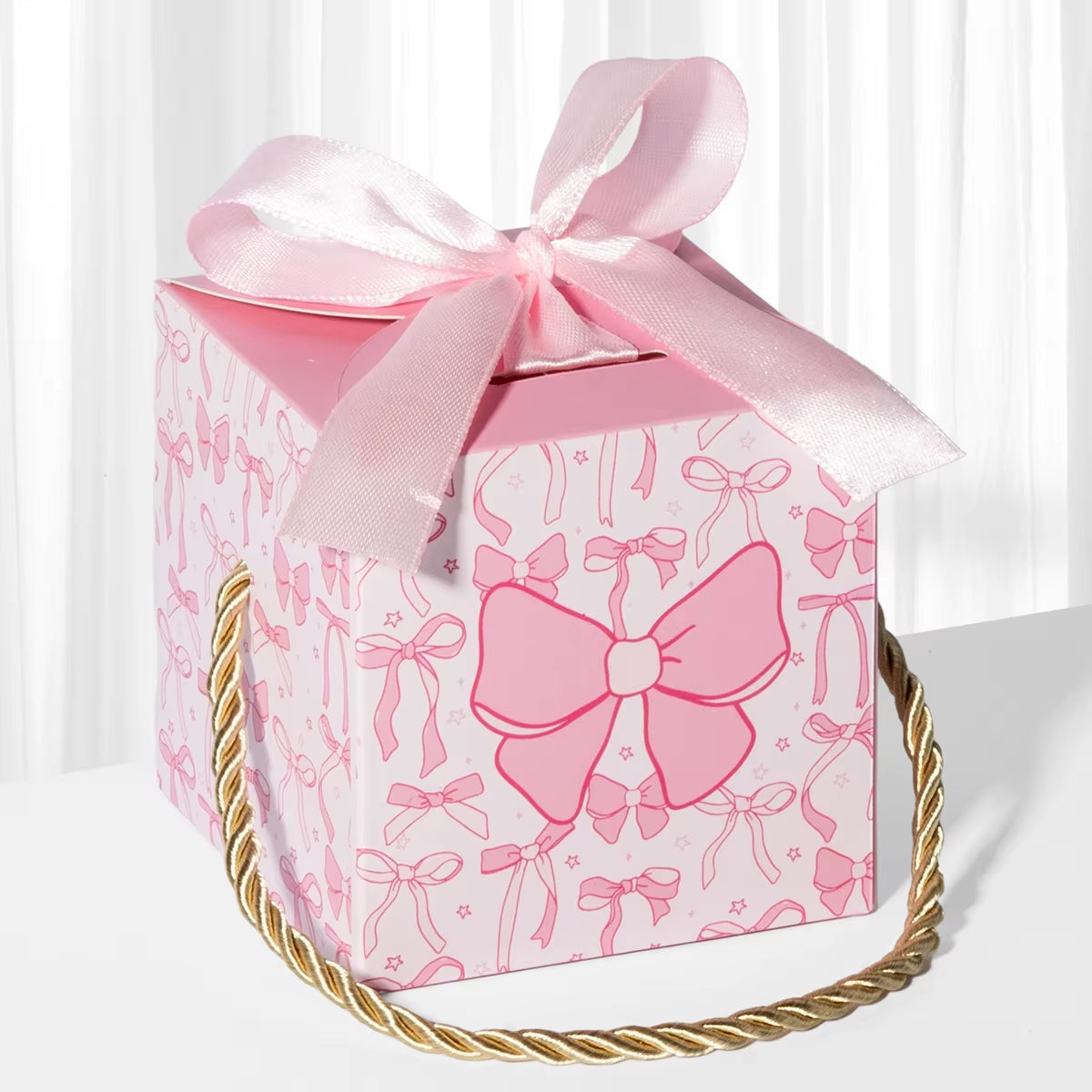 10Pcs Sweet Pink Bow Theme Portable Candy Cookie Boxes Gift Packing Boxes for Kids Birthday Baby Shower Wedding Party Decoration