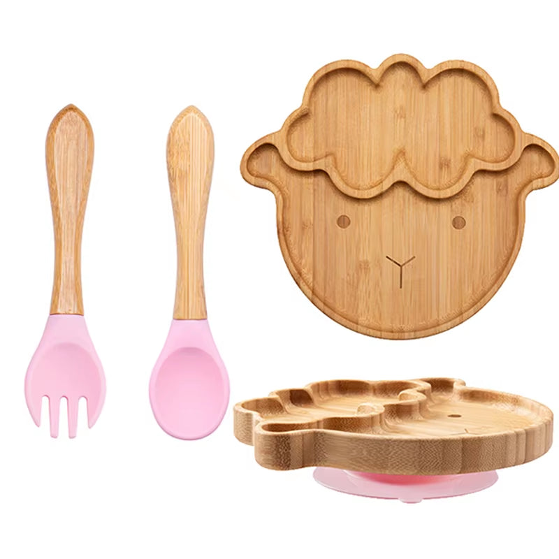 3Pcs Baby Bamboo Plate Silicone Suction Kids Wooden Feeding Tableware Non-Slip Dinnerware Baby Tableware for Baby Birthday Gift
