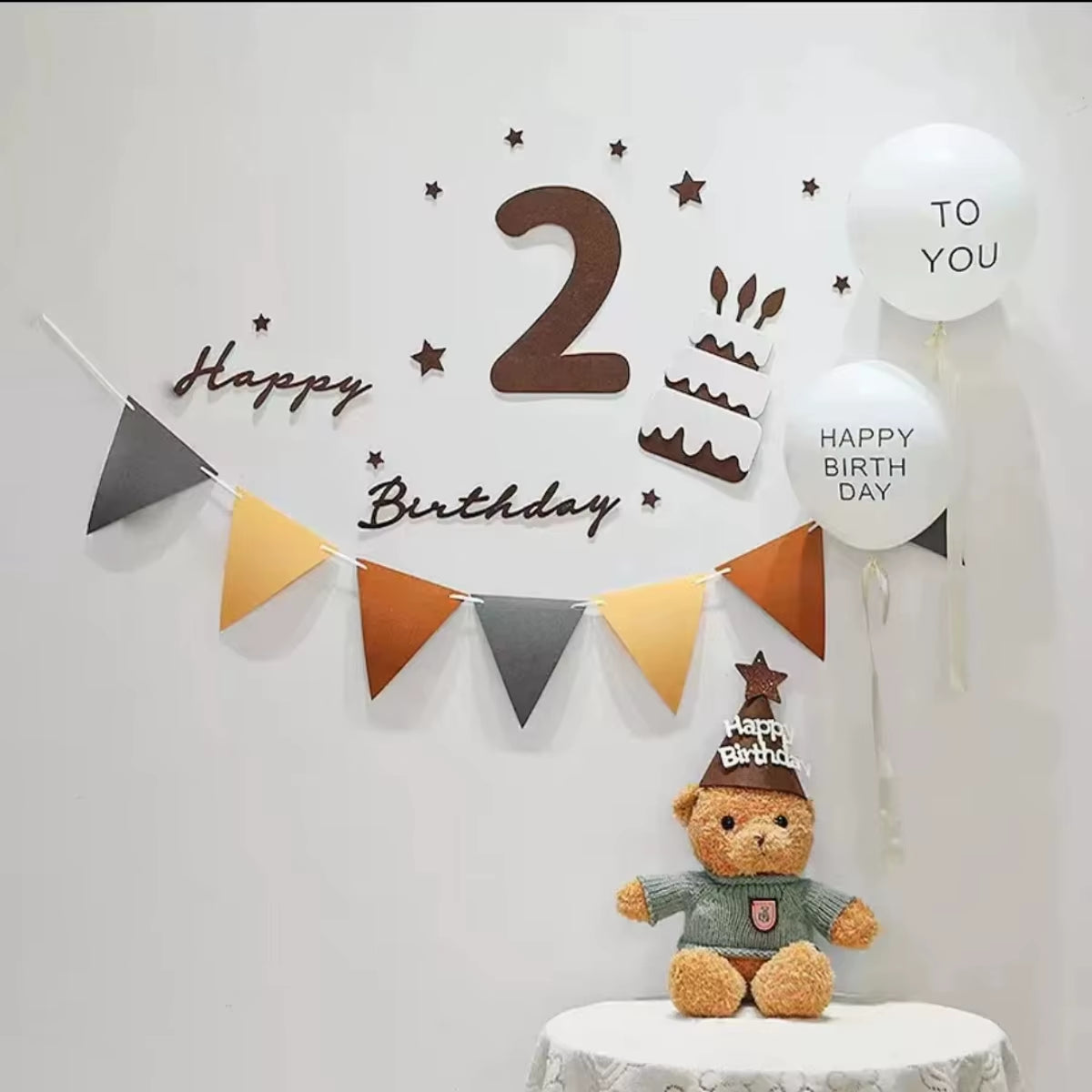 Children'S Retro Brown Felt Cloth Birthday Flag Pulling Baby'S One Year Old Hundred Days Background Decoration Photography Props