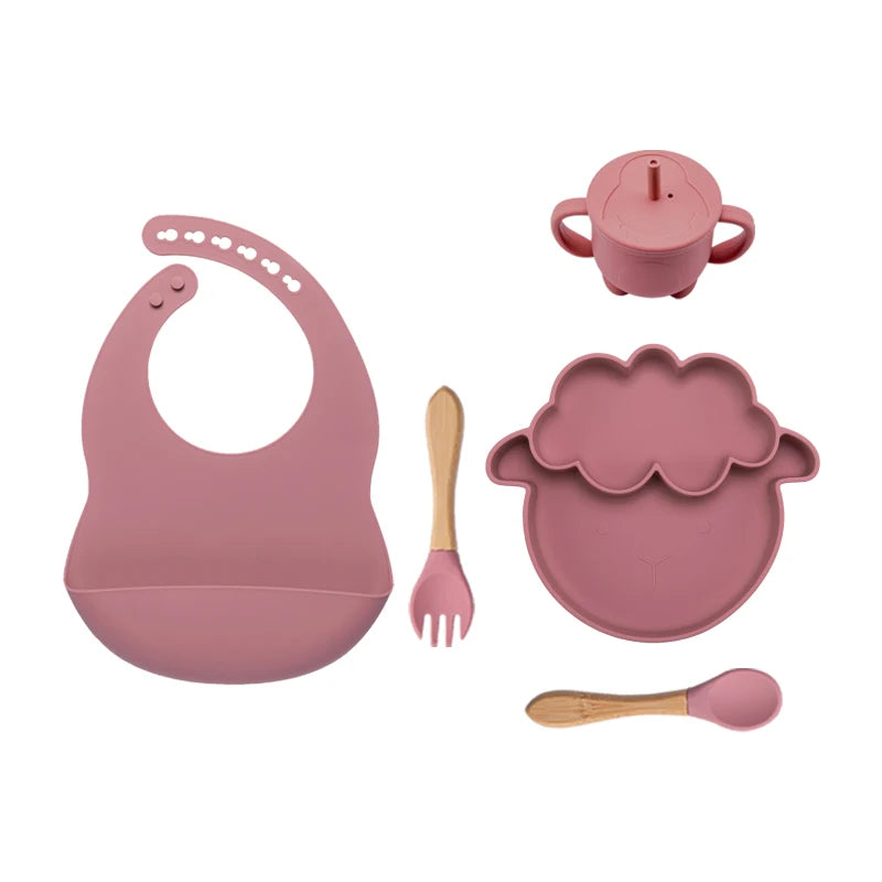 5Pcs Baby Feeding Bowl Sets Kids Silicone Non-Slip Tableware Dinner Plate with Bibs Cup Spoon Fork Dinnerware for Children