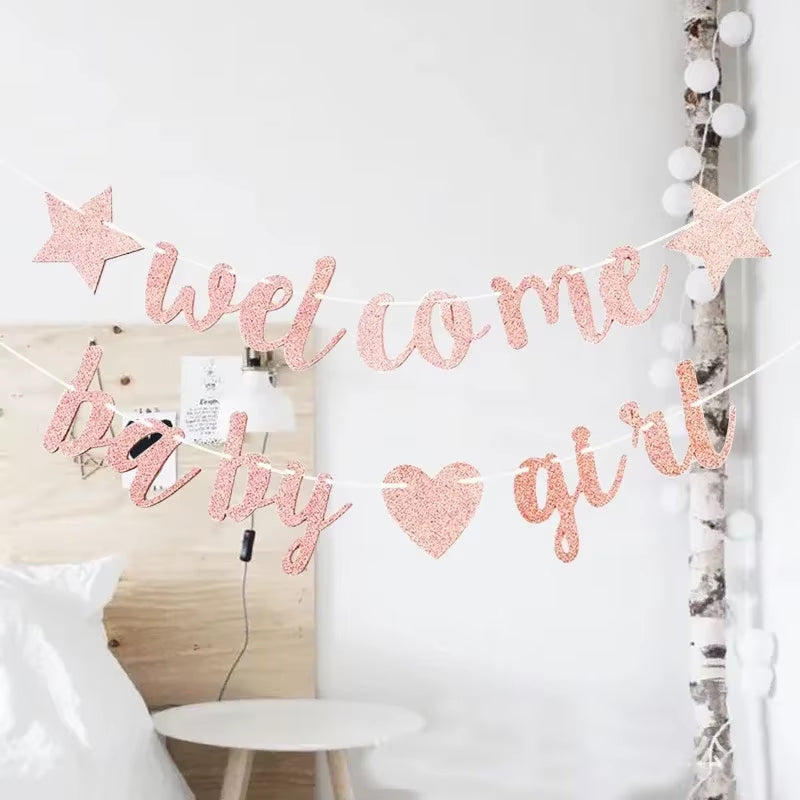 Glitter Welcome Baby Girl Boy Banner Flags Gender Reveal Party Garland for Baby Shower Birthday Party Decoration Photo Props