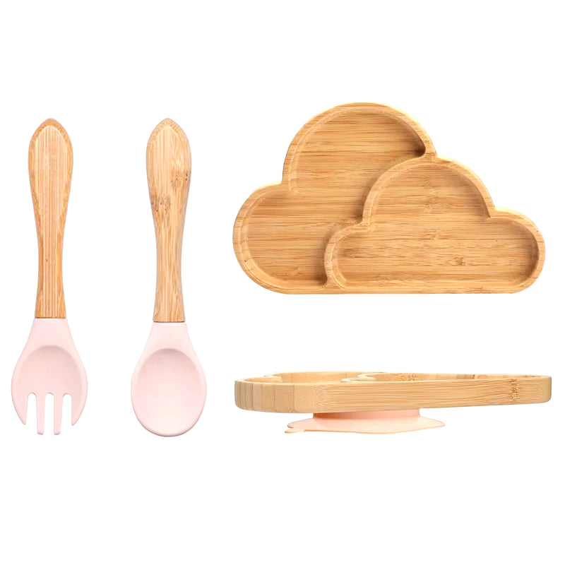 3Pcs Baby Bamboo Plate Silicone Suction Kids Wooden Feeding Tableware Non-Slip Dinnerware Baby Tableware for Baby Birthday Gift