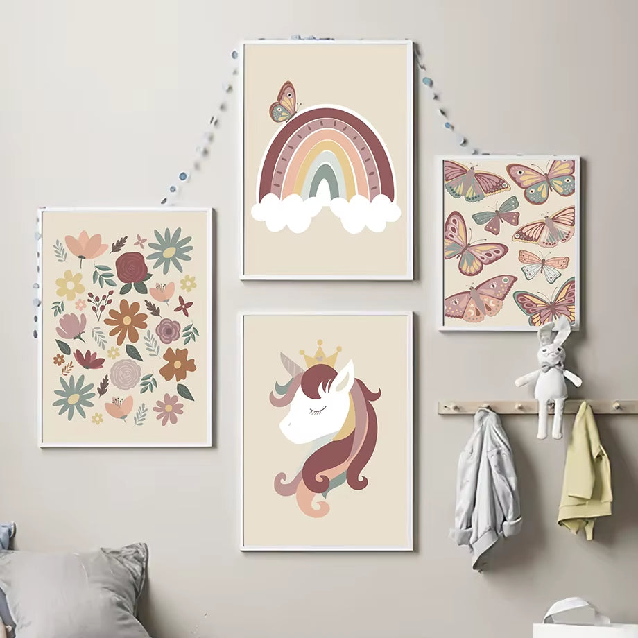 Sun Rainbow Butterfly Unicorn Flower Wall Art Canvas Painting Nordic Posters and Prints College Apartment Kids Girl'S Room Decor