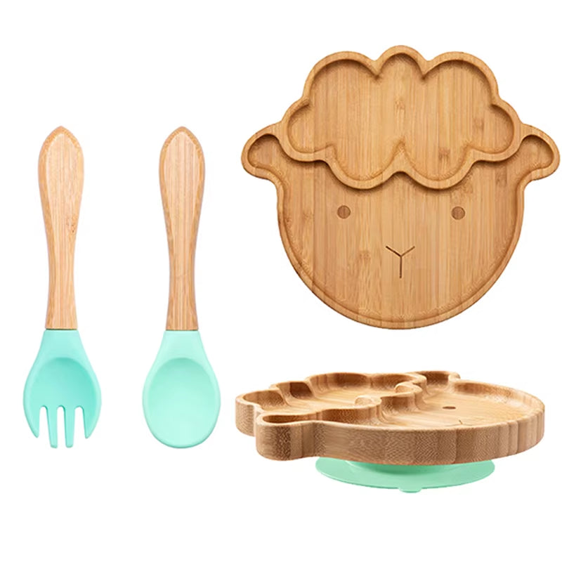 3Pcs Baby Bamboo Plate Silicone Suction Kids Wooden Feeding Tableware Non-Slip Dinnerware Baby Tableware for Baby Birthday Gift