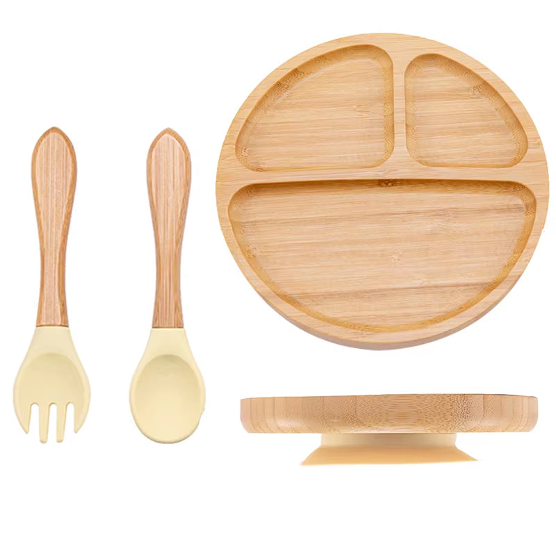 3Pcs Baby Bamboo Plate Silicone Suction Kids Wooden Feeding Tableware Non-Slip Dinnerware Baby Tableware for Baby Birthday Gift
