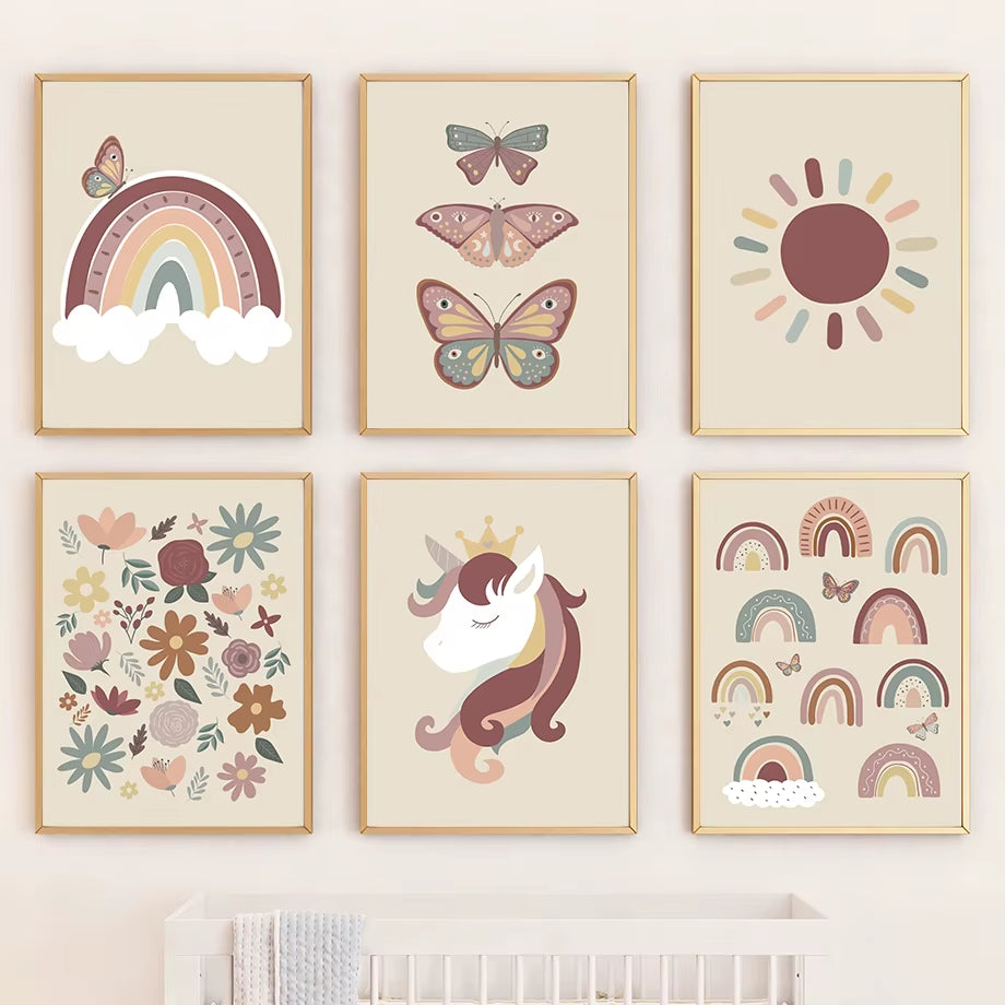 Sun Rainbow Butterfly Unicorn Flower Wall Art Canvas Painting Nordic Posters and Prints College Apartment Kids Girl'S Room Decor
