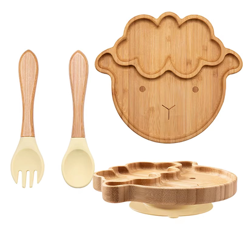 3Pcs Baby Bamboo Plate Silicone Suction Kids Wooden Feeding Tableware Non-Slip Dinnerware Baby Tableware for Baby Birthday Gift