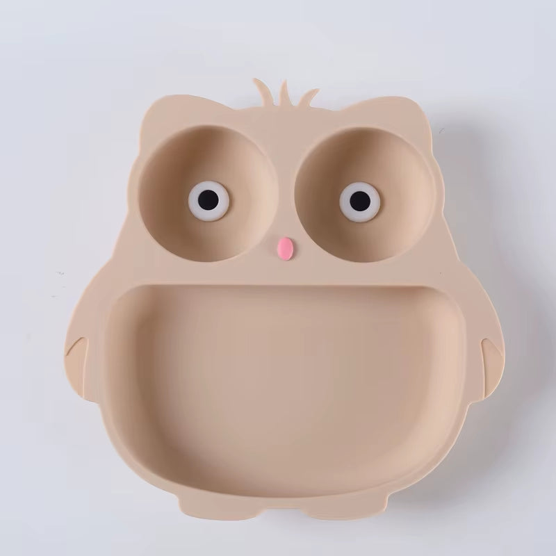 Silicone Children'S Tableware Suction Cup Cartoon Owl Plate Silicone Baby Bowls and Plates Children'S Training Eating Auxiliary