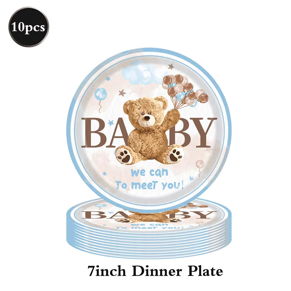Bear Theme Disposable Tableware Cartoon Brown Bear Banner Plate Napkin Cup Tablecloth Teddy Bear Theme Birthday Party Baby Party