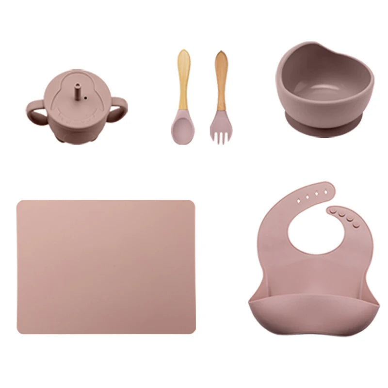 5Pcs Baby Feeding Bowl Sets Kids Silicone Non-Slip Tableware Dinner Plate with Bibs Cup Spoon Fork Dinnerware for Children