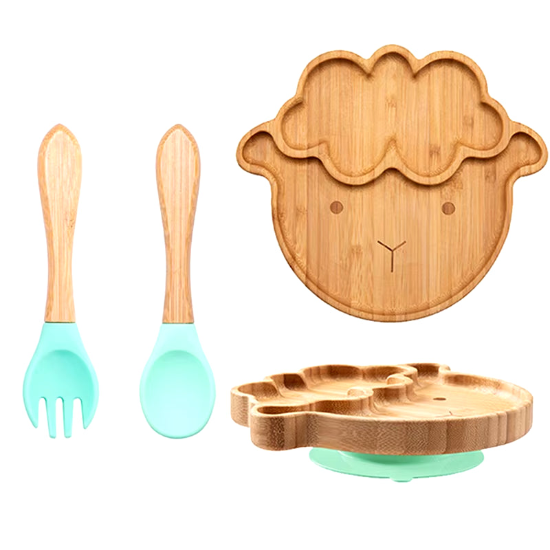 3Pcs Baby Bamboo Plate Silicone Suction Kids Wooden Feeding Tableware Non-Slip Dinnerware Baby Tableware for Baby Birthday Gift