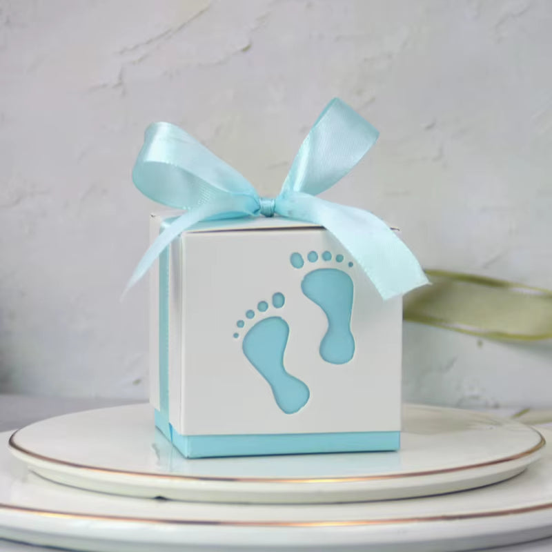 10Pcs Cute Baby Foot Footprints Candy Box with Ribbon Gift Packaging Boxes for Gender Reveal Baby Shower Birthday Party Decor