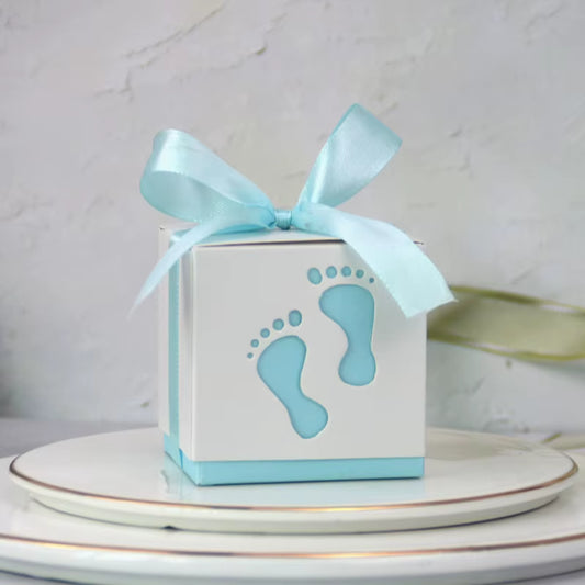 10Pcs Cute Baby Foot Footprints Candy Box with Ribbon Gift Packaging Boxes for Gender Reveal Baby Shower Birthday Party Decor