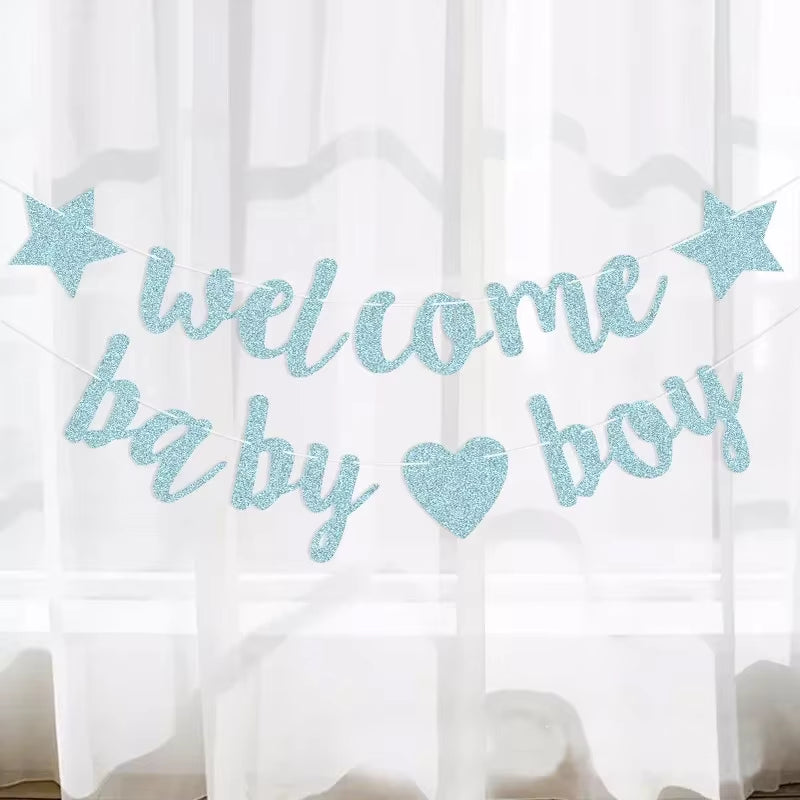 Glitter Welcome Baby Girl Boy Banner Flags Gender Reveal Party Garland for Baby Shower Birthday Party Decoration Photo Props