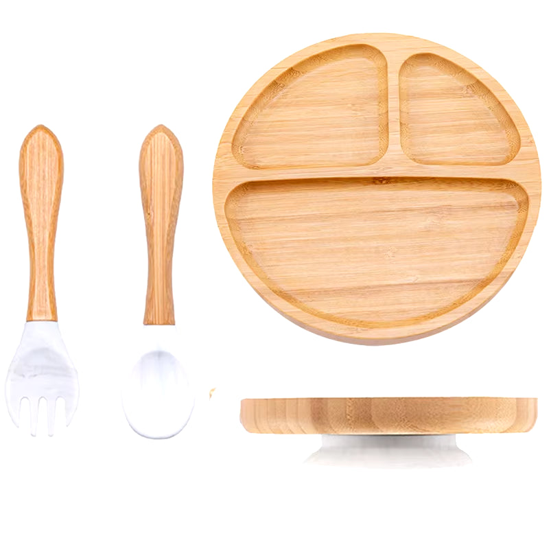 3Pcs Baby Bamboo Plate Silicone Suction Kids Wooden Feeding Tableware Non-Slip Dinnerware Baby Tableware for Baby Birthday Gift