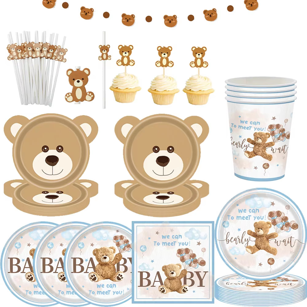 Bear Theme Disposable Tableware Cartoon Brown Bear Banner Plate Napkin Cup Tablecloth Teddy Bear Theme Birthday Party Baby Party