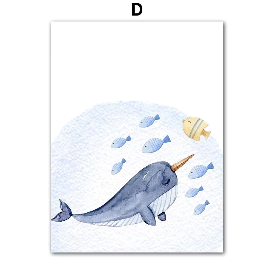 Cartoon Marine Animals Dolphins Sharks Whales Wall Art Canvas Painting Nordic Posters and Prints Pictures Baby Kids Room Decor