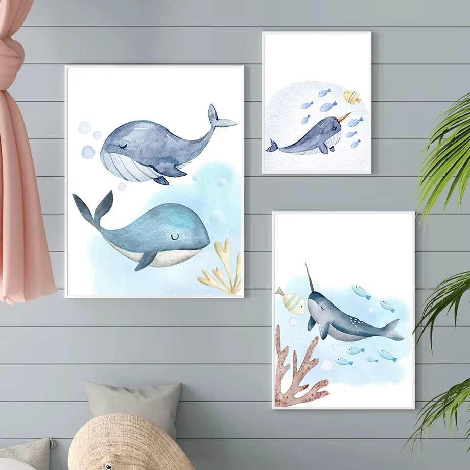 Cartoon Marine Animals Dolphins Sharks Whales Wall Art Canvas Painting Nordic Posters and Prints Pictures Baby Kids Room Decor