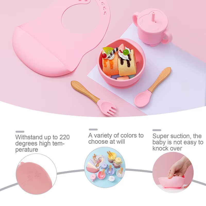 5Pcs Baby Feeding Bowl Sets Kids Silicone Non-Slip Tableware Dinner Plate with Bibs Cup Spoon Fork Dinnerware for Children