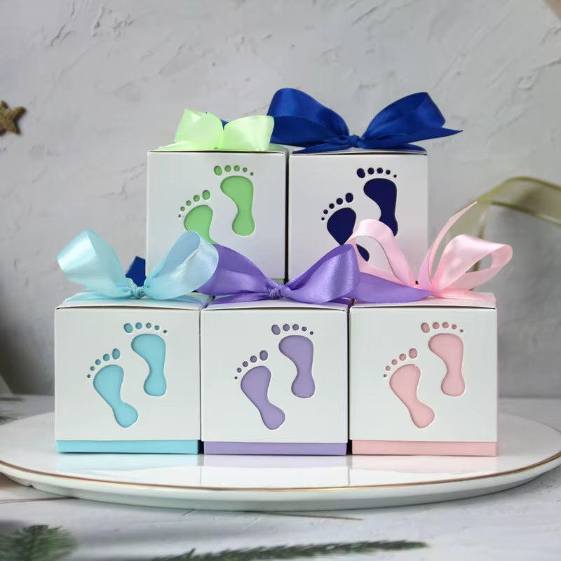 10Pcs Cute Baby Foot Footprints Candy Box with Ribbon Gift Packaging Boxes for Gender Reveal Baby Shower Birthday Party Decor