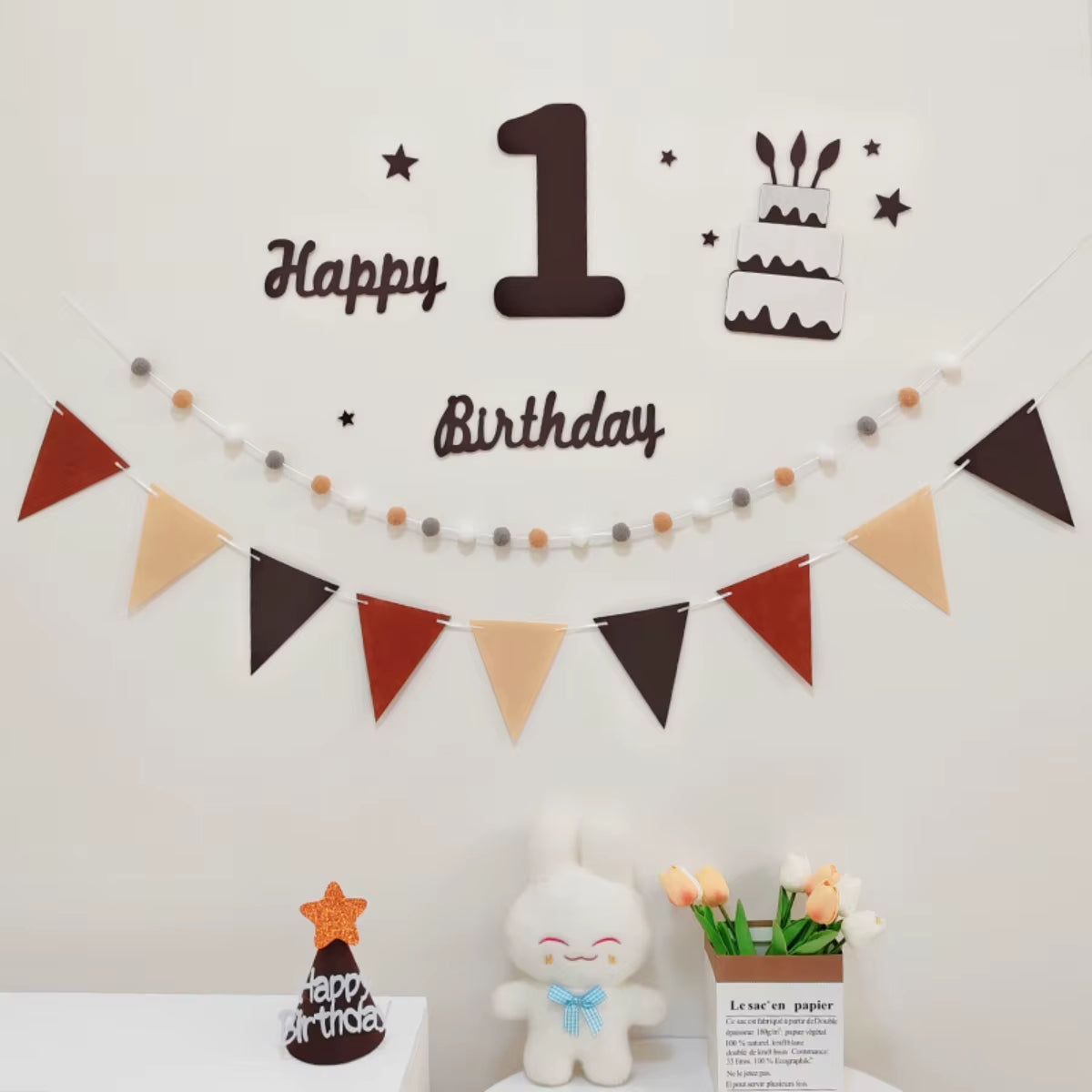 Children'S Retro Brown Felt Cloth Birthday Flag Pulling Baby'S One Year Old Hundred Days Background Decoration Photography Props