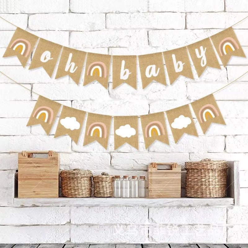 1Pcs Bobo Rainbow Oh Baby Burlap Banner Garland Room Hanging Bunting for Baby Shower Gender Reveal Birthday Party Decoration