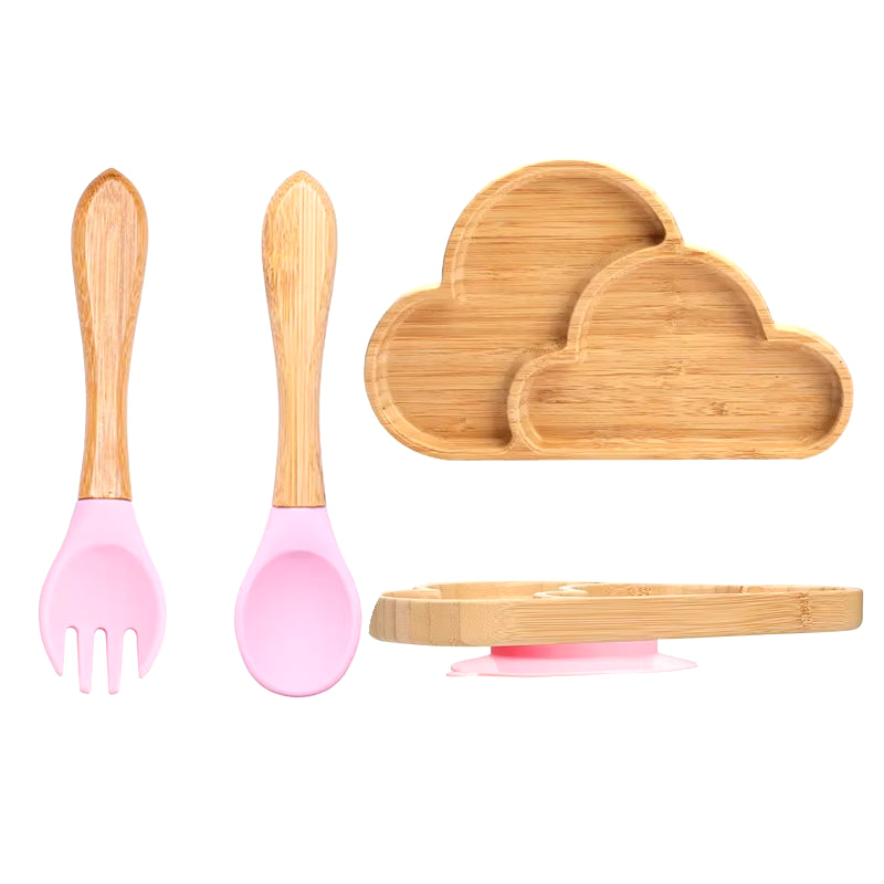 3Pcs Baby Bamboo Plate Silicone Suction Kids Wooden Feeding Tableware Non-Slip Dinnerware Baby Tableware for Baby Birthday Gift