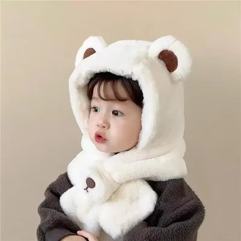 Winter Warm Furry Baby Hat with Scarf Set Cute Cartoon Bear Toddler Ear Protection Hat with Scarf Thicken Plush Warm Infant Hats