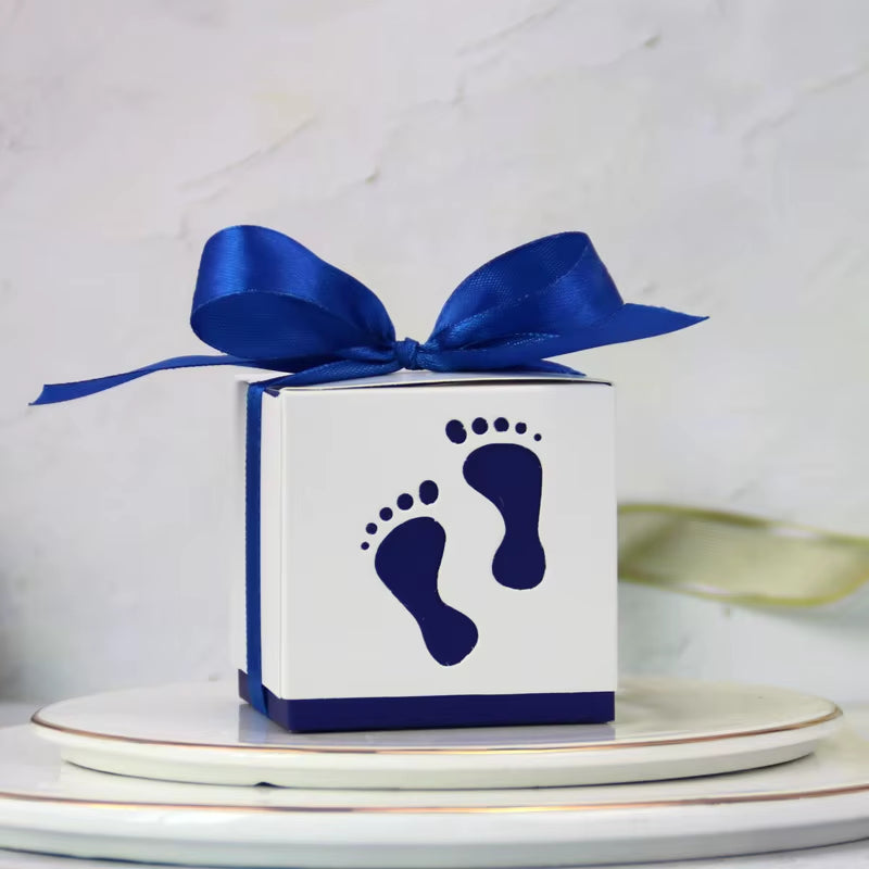 10Pcs Cute Baby Foot Footprints Candy Box with Ribbon Gift Packaging Boxes for Gender Reveal Baby Shower Birthday Party Decor