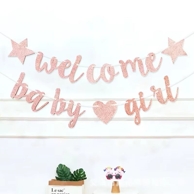 Glitter Welcome Baby Girl Boy Banner Flags Gender Reveal Party Garland for Baby Shower Birthday Party Decoration Photo Props
