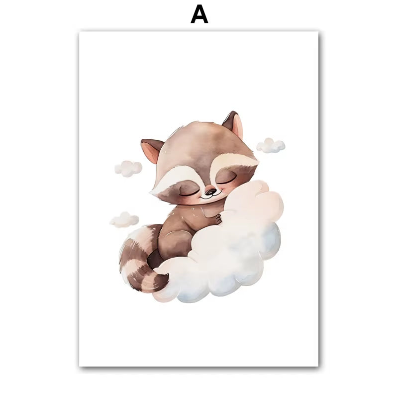 Sweet Dream Raccoon Fox Owl Bear Animal Wall Art Canvas Painting Nordic Posters and Prints Nursery Pictures Baby Kids Room Decor