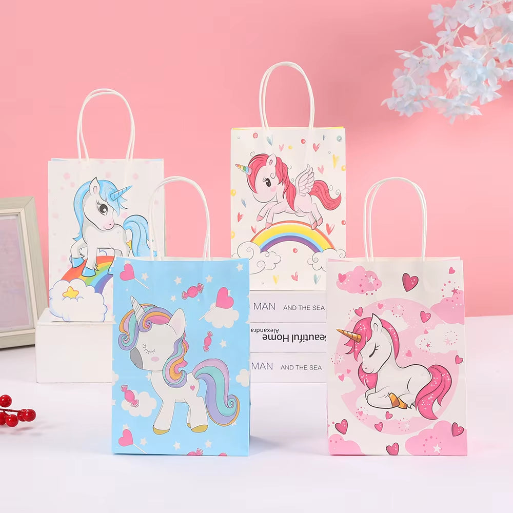 4Pcs Cartoon Rainbow Unicorn Theme Paper Gift Packing Bag Candy Cookie Bags for Kids Birthday Baby Shower Party Decoration
