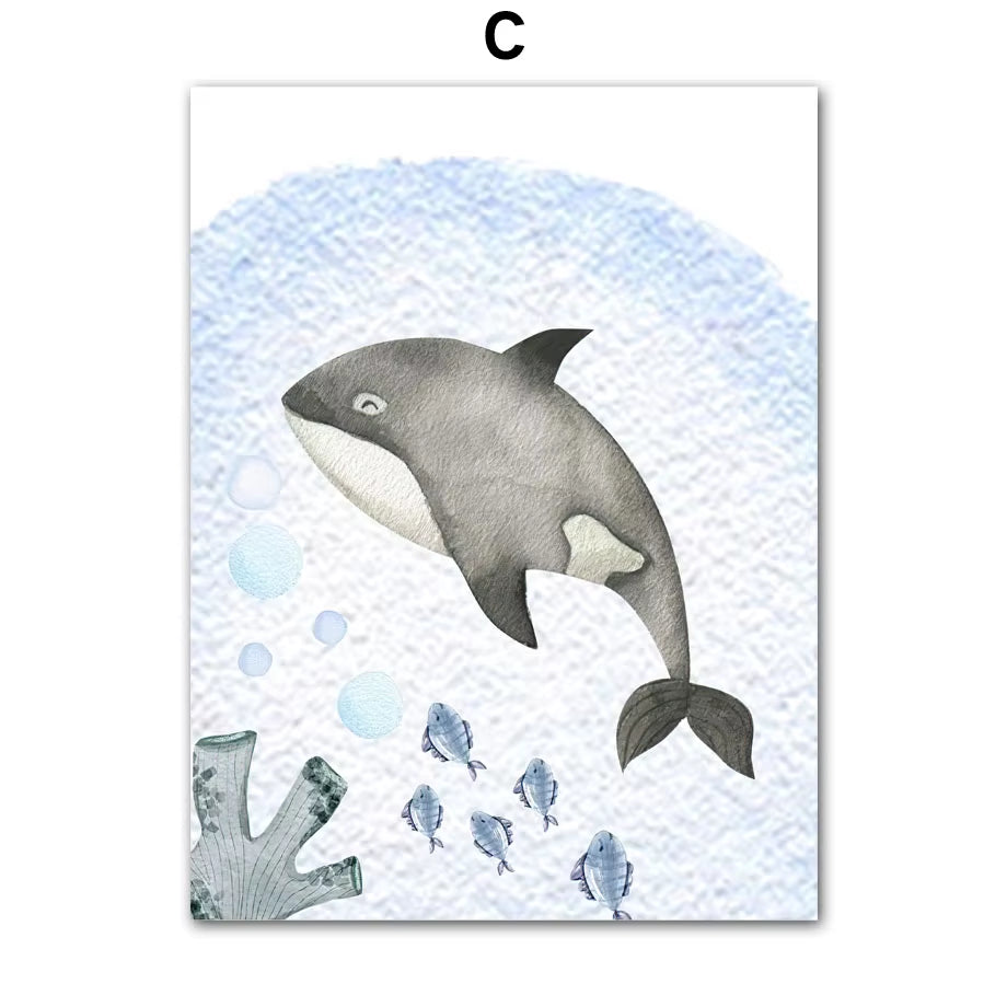 Cartoon Marine Animals Dolphins Sharks Whales Wall Art Canvas Painting Nordic Posters and Prints Pictures Baby Kids Room Decor